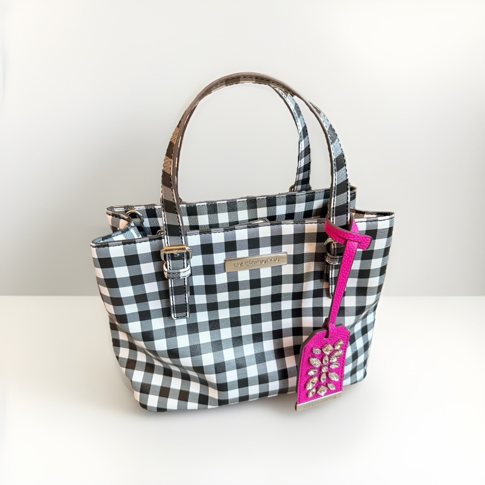Liz Claiborne Black & White Checkered Top Handle/Crossbody Purse Pink Bag Charm